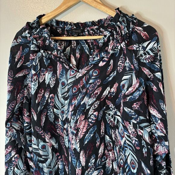 Talbots Feathers Blouse Smocked Neckline Long Sleeve Black Top Sz Large - Picture 2 of 9